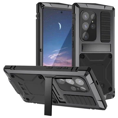 R-JUST For Samsung Galaxy S25 Ultra Case PC + Silicone + Metal Kickstand Phone Cover with Tempered Glass Film - Black