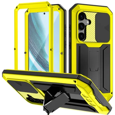 R-JUST For Samsung Galaxy S25+ Case PC + Silicone + Metal Back Cover with Tempered Glass Film - Yellow