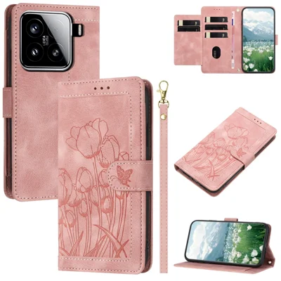 For Xiaomi 15 Tulip Leather Case Phone Cover with 5 Card Slots Wallet - Pink