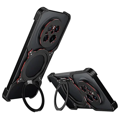 Voor Huawei Mate 70 Standaardhoes Metaal Bumper Magnetische Telefoonhoes - Zwart / Rood