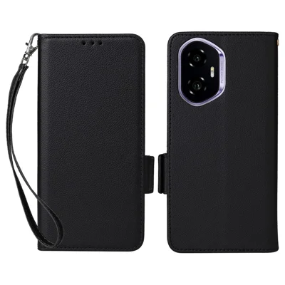 For Honor 300 Case with Wrist Strap Litchi Texture PU Leather Wallet Phone Cover - Black