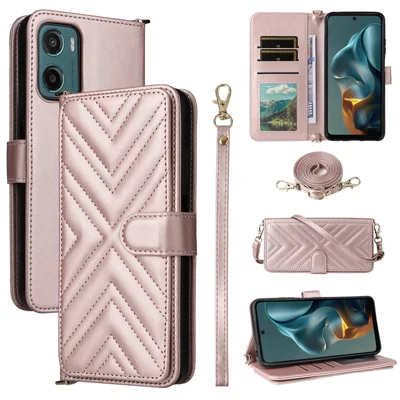 Portemonnee-hoesje voor Motorola Moto G05 4G / E15 4G met schouder-/polsriem, lederen telefoonhoesje met standaard - Roze