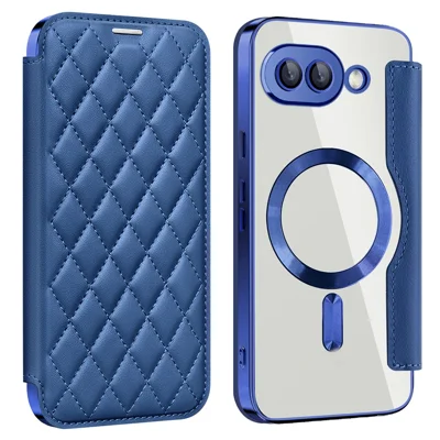 For Google Pixel 9a Magnetic Case Rhombus PU Leather Phone Cover - Sapphire