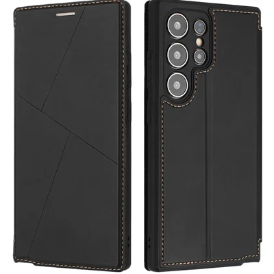 Voor Samsung Galaxy S23 Ultra hoesje met magnetische sluiting en kaartsleuf, lederen fliphoes - Zwart