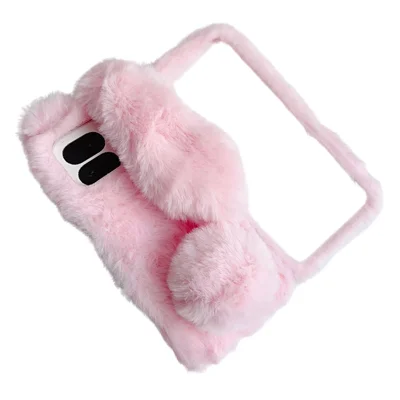 For Google Pixel 9 Pro Fold 5G Case Bunny Ears Winter Plush Hard PC Phone Cover - Pink