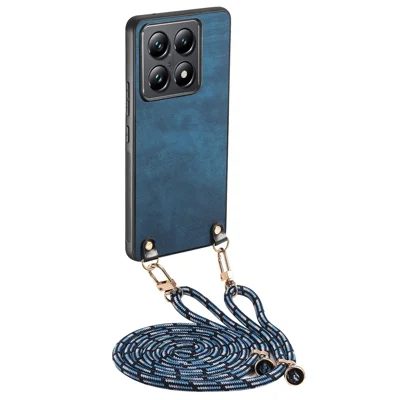 For Xiaomi 14T Pro Retro Leather Phone Back Cover with Adjustable Strap - Blue