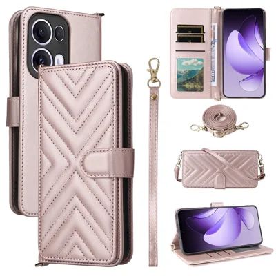 For Oppo Reno13 Pro 5G Wallet Case with Shoulder / Wrist Strap Leather Phone Cover Stand - Pink