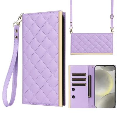 For Samsung Galaxy S25 Case Suction Cup PU Leather Wallet Phone Cover with Straps - Purple