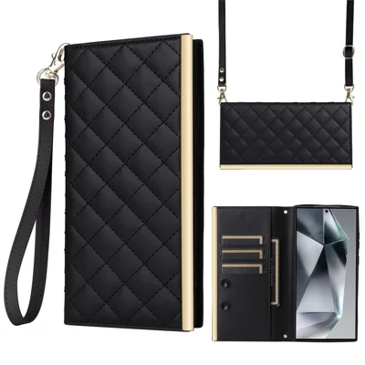 For Samsung Galaxy S25 Ultra Case Suction Cup PU Leather Wallet Phone Cover with Straps - Black