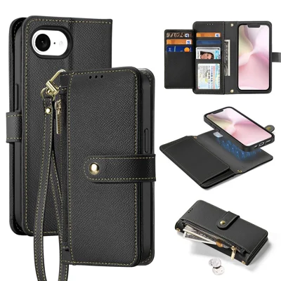 DUX DUCIS Seria Lawa Dla iPhone 16e Etui Oddzielane Magnetyczne Z Skórzaną Obudową Z Krowiej Skóry Z Portfelem Z Zipem - Czarny