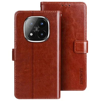IDEWEI For Xiaomi Redmi Note 14 Pro+ 5G Stand Case Crazy Horse Texture Leather Phone Cover - Brown
