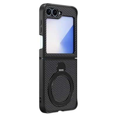 For Samsung Galaxy Z Flip7 FE 5G / Z Flip6 5G / Z Flip5 5G Phone Case with Magnetic Kickstand TPU + PC Carbon Fiber Back Cover - Black