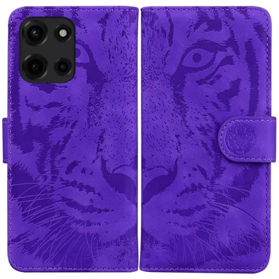 For Motorola Moto G 5G (2025) Case Tiger Imprint Leather Wallet Phone Cover - Purple