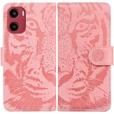 For Motorola Moto G05 4G / E15 4G Case Tiger Imprint Leather Wallet Phone Cover - Pink