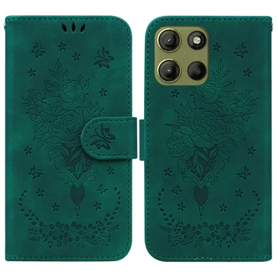 Voor Motorola Moto G15 4G hoesje PU lederen portemonnee telefoonhoesje met vlinder- en bloemenprint - Groen