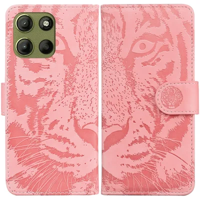 Voor Motorola Moto G15 4G hoesje met tijgerprint in lederen portemonnee-telefoonhoes - Roze