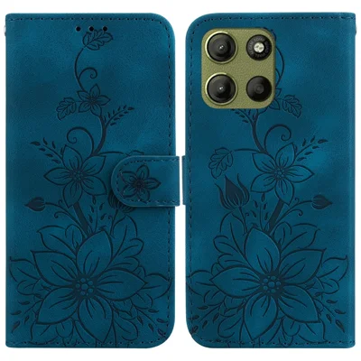 Voor Motorola Moto G15 4G hoesje met leliebloemprint Lederen telefoonhoes met standaard - Donkerblauw