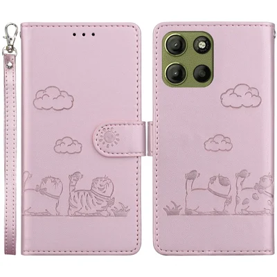 Voor Motorola Moto G15 4G hoesje RFID-blokkering met kittenpatroon TPU+PU lederen telefoonhoes - Roze