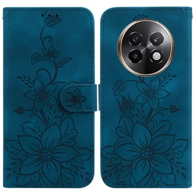 For Realme 13+ 5G / 13 Pro 5G (China) Case Lily Flower Imprint Leather Phone Cover with Stand - Dark Blue