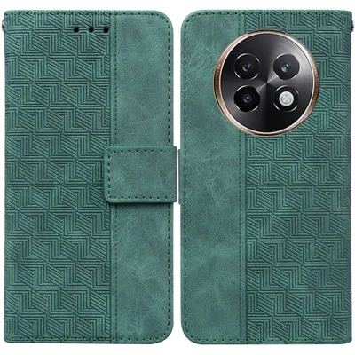 For Realme 13+ 5G / 13 Pro 5G (China) Case Geometry Pattern Leather Wallet Phone Cover with Wrist Strap - Green