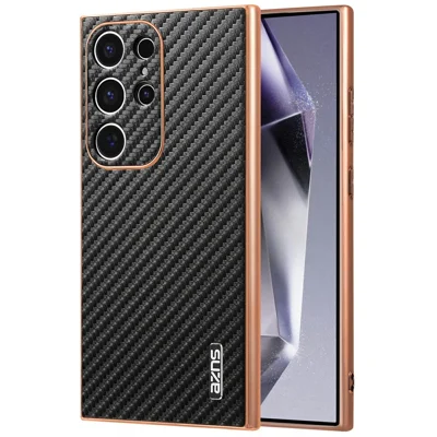 AZNS For Samsung Galaxy S23 Ultra Case Electroplating Carbon Fiber Texture PU + TPU Phone Cover - Black