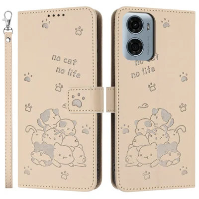 Voor Motorola Moto G05 4G hoesje met bandje Kattenafdruk Lederen portemonnee telefoonhoes - Beige