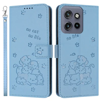 For Motorola Moto G17 Power 4G / G17 4G / G15 4G / G15 Power 4G Case with Strap Cats Imprint Leather Wallet Phone Cover - Blue