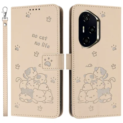 Fodral för Honor 300 Pro / 300 Ultra med rem, kattmönster, läder, plånbok, mobilskal - beige