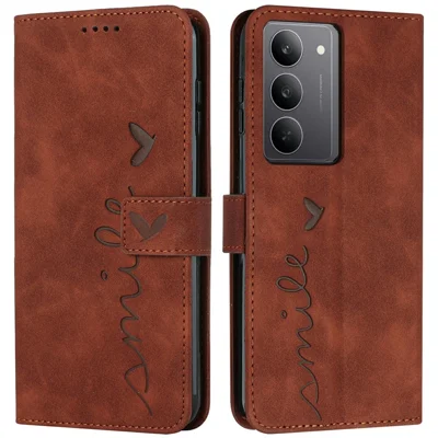 For Realme C75 4G / V60 Pro 5G Case Viewing Stand PU Leather Phone Cover Imprinted Heart Pattern - Brown