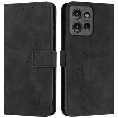 For Motorola Moto G 5G (2025) Case Viewing Stand PU Leather Phone Cover Imprinted Heart Pattern - Black