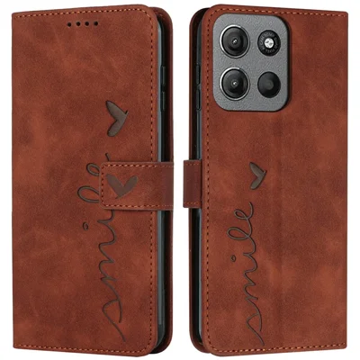 Voor Motorola Moto G15 4G hoesje met stand en PU lederen telefoonhoes met afgedrukt hartmotief - Bruin