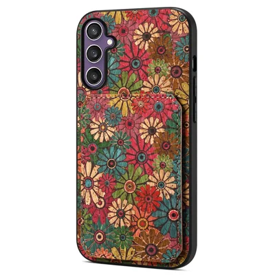 For Samsung Galaxy S25 Case with Card Holder Kickstand Flowers Design Leather Phone Cover - Spring  /  Green
