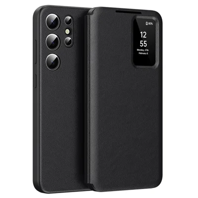 Capa para Samsung Galaxy S23 Ultra com Suporte para Cartões, Janela Smart View, Capa em Pele Sintética PU+PC+TPU - Preto