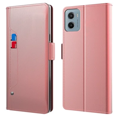 For Motorola Moto E15 4G / G05 4G Case Stand PU Leather Phone Cover Card Holder Mirror - Rose Gold