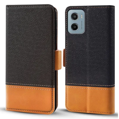 For Motorola Moto E15 4G / G05 4G Case Color Splicing PU Leather Wallet Phone Cover - Black