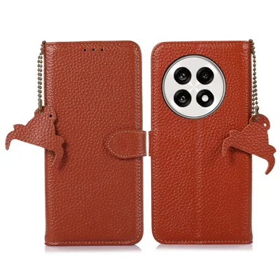 For OnePlus Ace 5 5G / 13R 5G Case RFID Blocking Genuine Cow Leather Phone Cover Litchi Texture - Brown