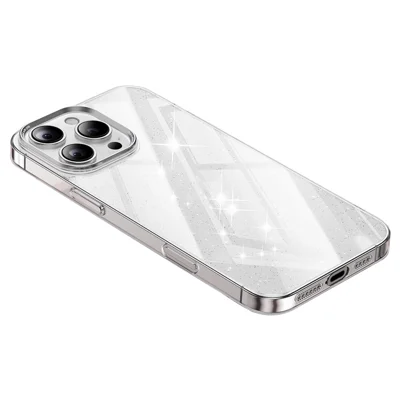 For iPhone 16 Pro Case PC + Glitter Glass Protective Phone Cover - Transparent