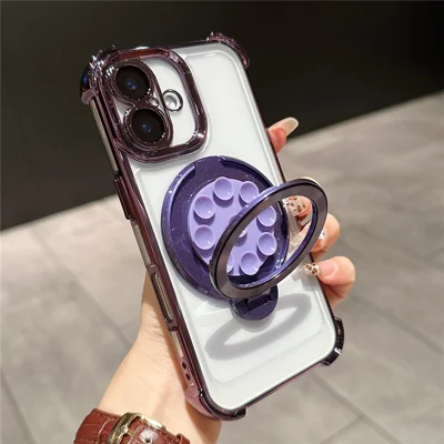 For iPhone 16 Magnetic Case Suction Cup Kickstand PC Phone Cover with Four Corner Airbag - Purple