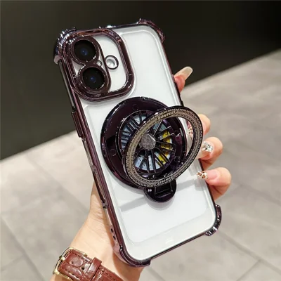 For iPhone 16 Magnetic Case Rotating Spinner Kickstand PC + TPU Airbag Mobile Cover - Dark Purple