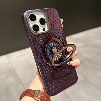 For iPhone 16 Pro Max Case Compatible with MagSafe Gyroscope Kickstand Heat Dissipation PC Back Cover - Dark Purple