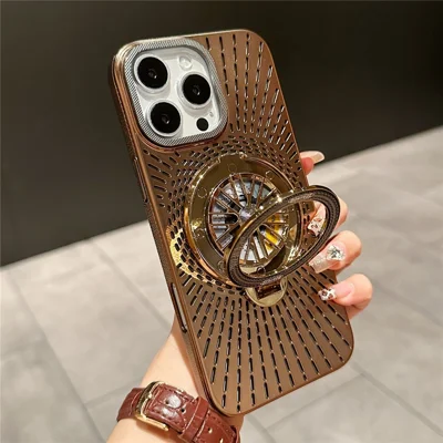 For iPhone 15 Pro Case Compatible with MagSafe Gyroscope Kickstand Heat Dissipation PC Back Cover - Titanium Gold