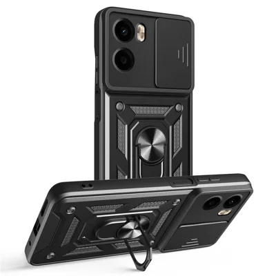Voor Motorola Moto G05 4G hoesje met schuifbare cameraafdekking PC + TPU staander telefoonhoes - Zwart