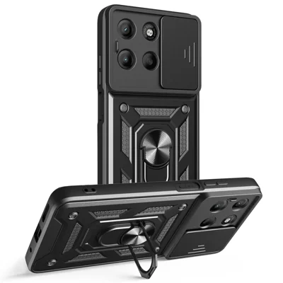 Voor Motorola Moto G15 4G hoesje met schuifbare cameraafdekking PC + TPU staander telefoonhoes - Zwart