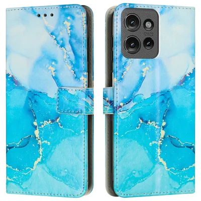 Stand Case for Motorola Edge 50 Pro 5G / Edge 50 5G Marble Pattern PU Leather Wallet Phone Cover - Blue  /  Green