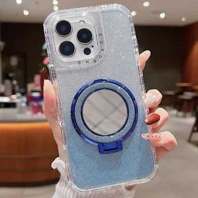 For iPhone 16 Pro Case Magnetic Kickstand TPU + PC Glitter Phone Cover with Mirror - Blue