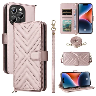 For Oukitel P1 Wallet Case with Shoulder / Wrist Strap Leather Phone Cover Stand - Pink