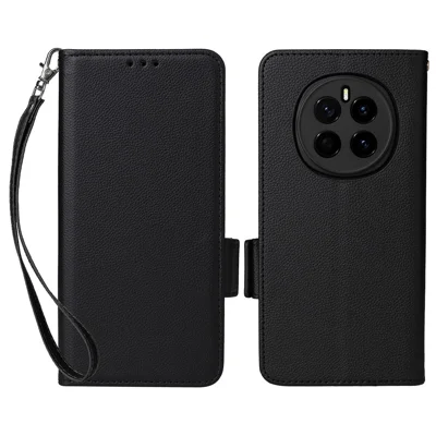 Voor Honor Magic7 5G hoesje met polsbandje Litchi-structuur PU-leer portemonnee telefoonhoes - Zwart