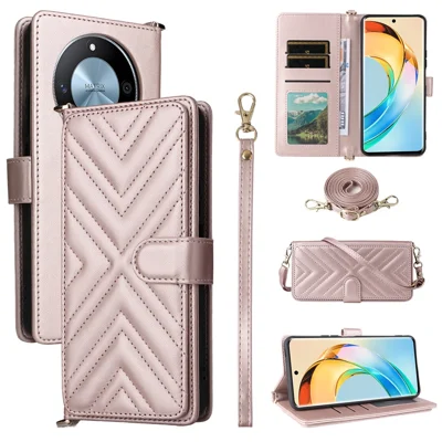 For Honor X9c Smart 5G / X60 5G Wallet Case with Shoulder / Wrist Strap Leather Phone Cover Stand - Pink