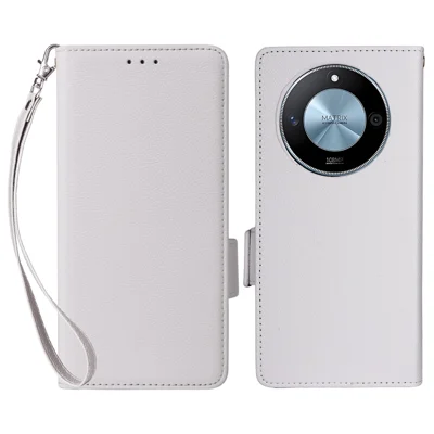 For Honor X9c Smart 5G / X60 5G Case with Wrist Strap Litchi Texture PU Leather Wallet Phone Cover - White