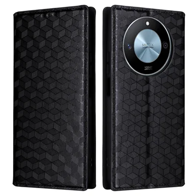 For Honor X9c Smart 5G / X60 5G Wallet Case Rhombus Imprinted Leather Phone Cover - Black